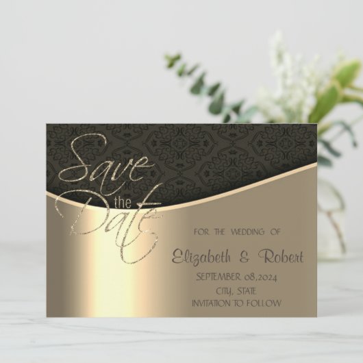Elegant chique zwart damast goud de datum opslaan save the date (Staand voorkant)