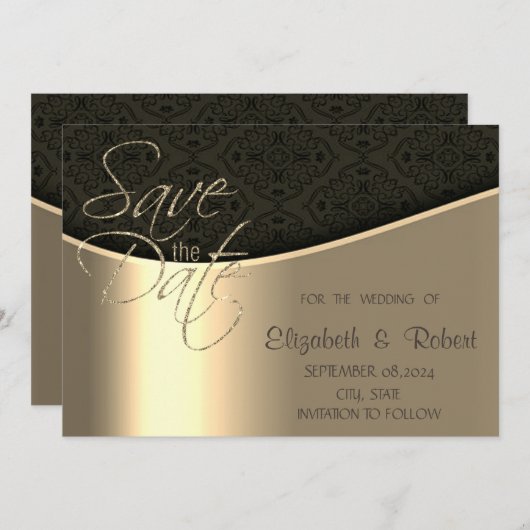 Elegant chique zwart damast goud de datum opslaan save the date (Voorkant / Achterkant)