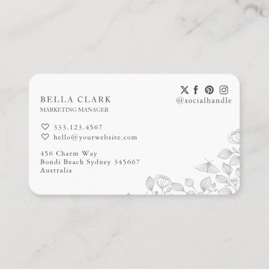 Elegant & Chique Zwart & Wit Bloemen & Moth Logo Visitekaartje (Achterkant)