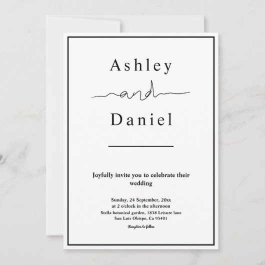 Elegant chique zwart-wit moderne bruiloft kaart (Voorkant)