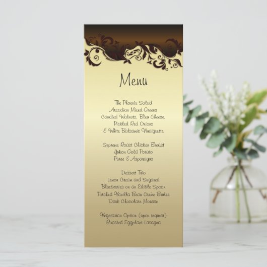 Elegant Chocolate Brown & Gold Floral Wedding Menu (Staand voorkant)