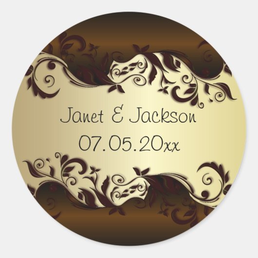 Elegant Chocolate Brown & Gold Floral Wedding Ronde Sticker (Voorkant)