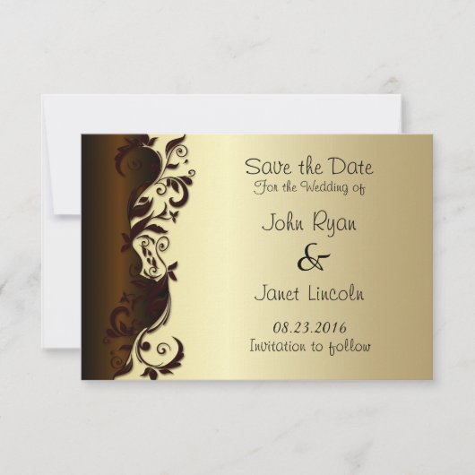 Elegant Chocolate Brown & Gold Floral Wedding Save The Date (Voorkant)