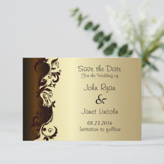 Elegant Chocolate Brown & Gold Floral Wedding Save The Date (Staand voorkant)