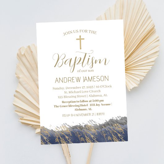 Elegant Christelijk blauw gouden kruis | Doop Kaart