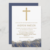 Elegant Christelijk blauw gouden kruis | Doop Kaart (Voorkant / Achterkant)