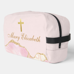 Elegant christelijk kruis gepersonaliseerd roze go toilettasje