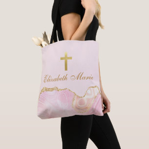 Elegant Christelijk Kruis Gepersonaliseerd Roze Go Tote Bag