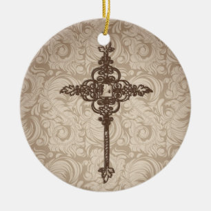 Elegant Christelijk kruis met schuifwiel achtergro Keramisch Ornament