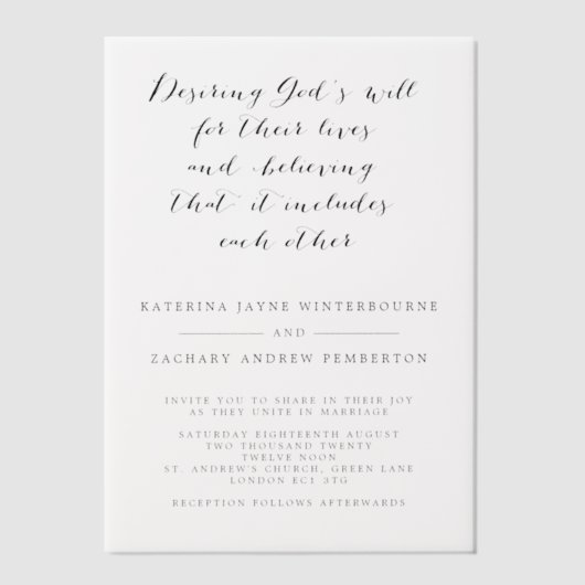 Elegant Christelijk Script Zwart & Wit Trouwen Vellum Uitnodigingen (Voorkant)