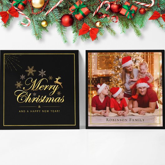 Elegant Christmas 1 Photo Zwart en Goud Script Notitiekaartje