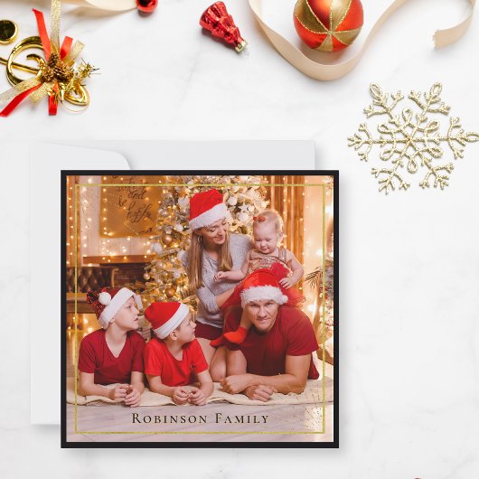 Elegant Christmas 1 Photo Zwart en Goud Script Notitiekaartje