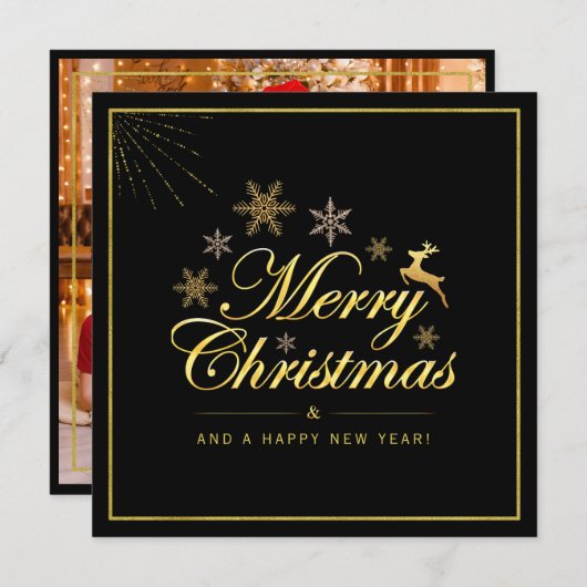 Elegant Christmas 1 Photo Zwart en Goud Script Notitiekaartje (Voorkant / Achterkant)
