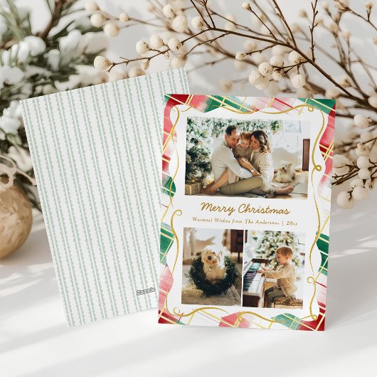 Elegant Christmas 3 Photo Red Green Plaid Pattern Feestdagenkaart