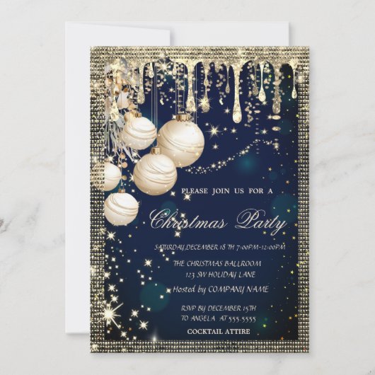 Elegant Christmas Balls Drips Gold Blue Christmas  Kaart (Voorkant)