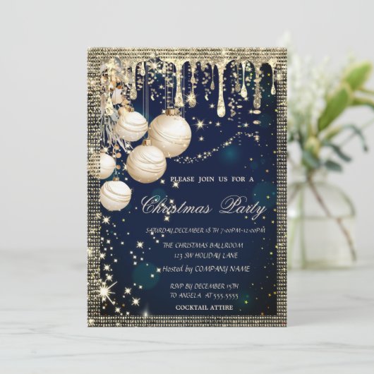 Elegant Christmas Balls Drips Gold Blue Christmas  Kaart (Staand voorkant)