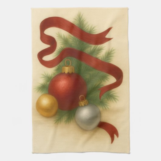 Elegant Christmas Baubles & Ribbon Tea Towel Theedoek (Verticaal)