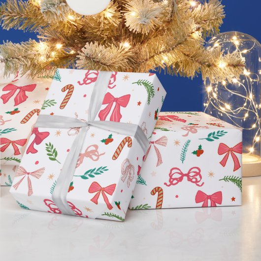 Elegant Christmas bow and candy pattern Cadeaupapier (Feestdagen)
