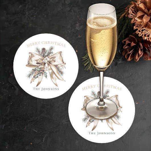 Elegant Christmas Bow Personalized Coasters Ronde Kartonnen Onderzetter