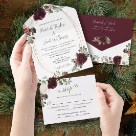 Elegant Christmas Burgundy Winter Wedding All In One Uitnodiging