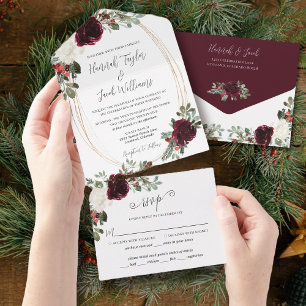 Elegant Christmas Burgundy Winter Wedding All In One Uitnodiging