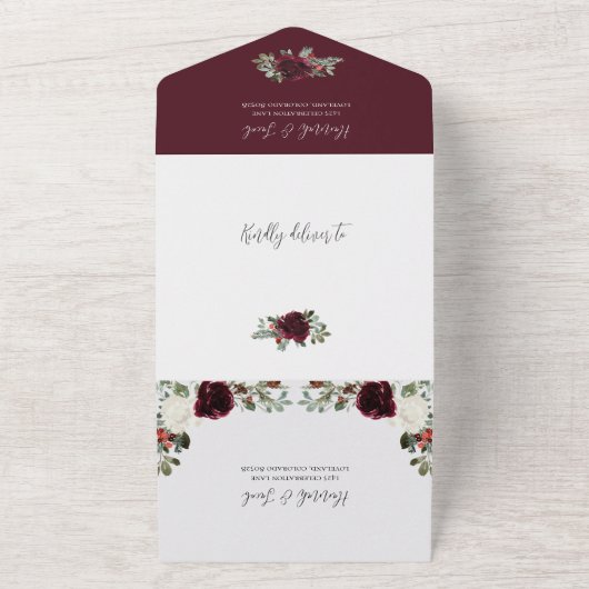 Elegant Christmas Burgundy Winter Wedding All In One Uitnodiging (Buitenkant)
