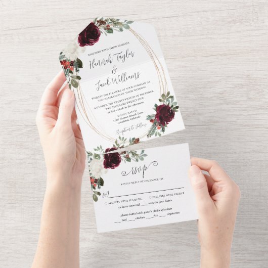 Elegant Christmas Burgundy Winter Wedding All In One Uitnodiging (Afscheurbaar)