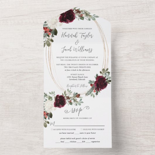 Elegant Christmas Burgundy Winter Wedding All In One Uitnodiging (Binnen)