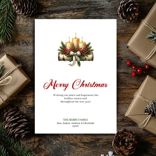 Elegant Christmas candles pine holly design card Feestdagenkaart