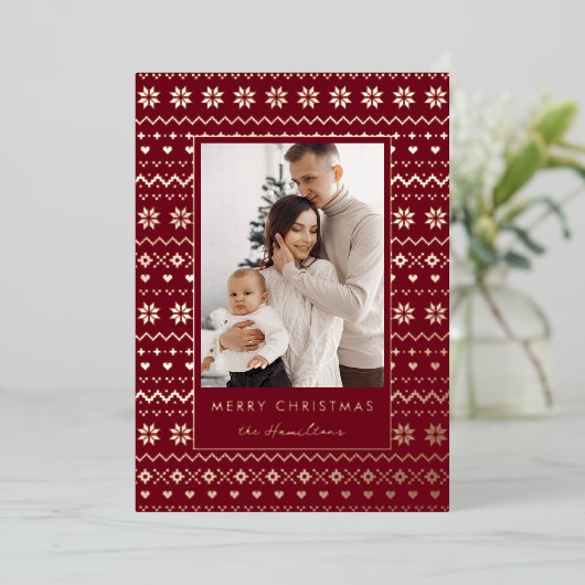 Elegant Christmas Cozy Nordic Sweater Pattern Folie Feestdagenkaart (Staand Voorkant)