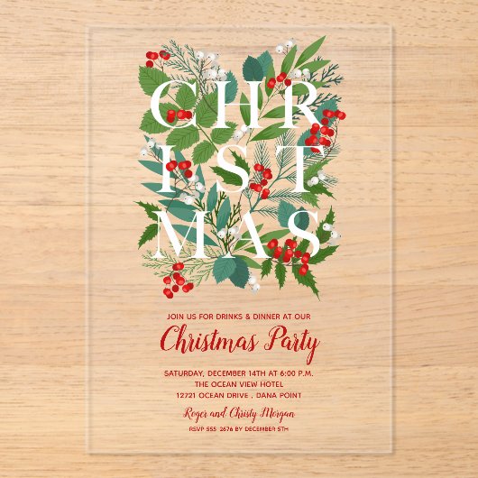 Elegant CHRISTMAS Greenery Acryl Uitnodigingen (Voorkant)