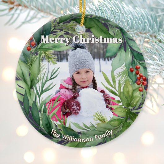 Elegant Christmas Greenery Custom Photo Keramisch Ornament