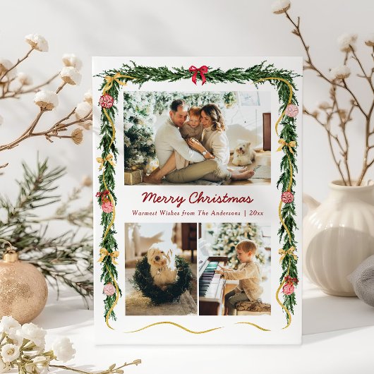 Elegant Christmas Greenery Garland & Bows 3 Photo Feestdagenkaart