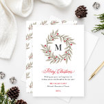 Elegant Christmas Greenery Monogram Wreath Feestdagenkaart<br><div class="desc">This elegant and minimal non-photo Christmas card features a simple watercolor winter greenery wreath with red berries and a custom family last name monogram initial. Stylish red, gray green, and dark gray text includes a "Merry Christmas" holiday greeting that can be personalized with your last name, family member names, and...</div>