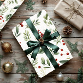 Elegant Christmas Greenery & Red Berries Holiday Cadeaupapier