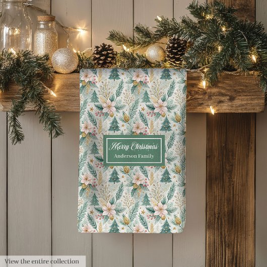 Elegant Christmas Kitchen Towel Sage Green Floral Theedoek