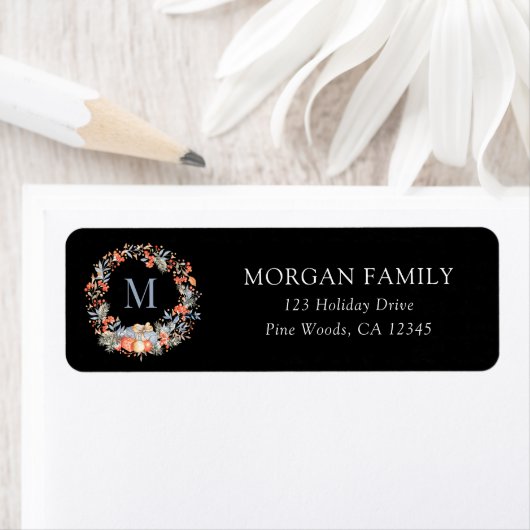 Elegant Christmas Monogram Wreath Return Address Etiket (Insitu)