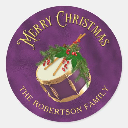 Elegant Christmas Music Drum Personalized Ronde Sticker (Voorkant)
