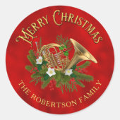 Elegant Christmas Music French Horn Personalized Ronde Sticker (Voorkant)