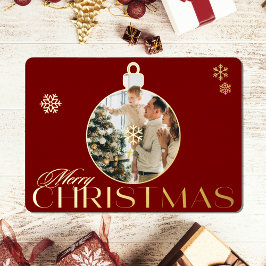 Elegant Christmas Ornament Photo Red and Gold  Folie Feestdagenkaart