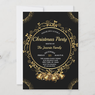 Elegant CHRISTMAS PARTY Black and Gold bells Kaart