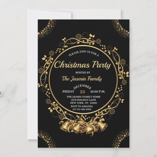 Elegant CHRISTMAS PARTY Black and Gold bells Kaart (Voorkant)