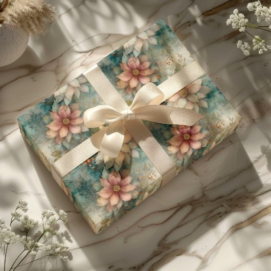 Elegant Christmas Peach and Sage Green Floral  Cadeaupapier