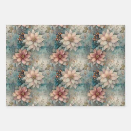Elegant Christmas Peach and Sage Green Floral  Inpakpapier Vel (Voorkant 3)