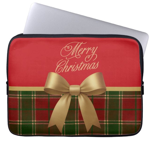 Elegant Christmas Plaid Collection with Gold Bow Laptop Sleeve (Voorkant)