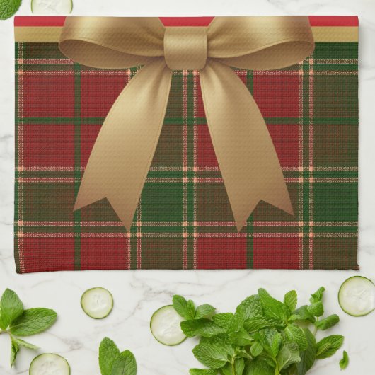 Elegant Christmas Plaid Collection with Gold Bow Theedoek (Gevouwen)