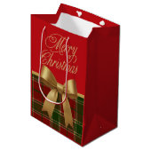 Elegant Christmas Plaid Gift Bag with Gold Bow Medium Cadeauzakje (Voorkant Gekanteld)
