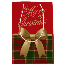 Elegant Christmas Plaid Gift Bag with Gold Bow Medium Cadeauzakje