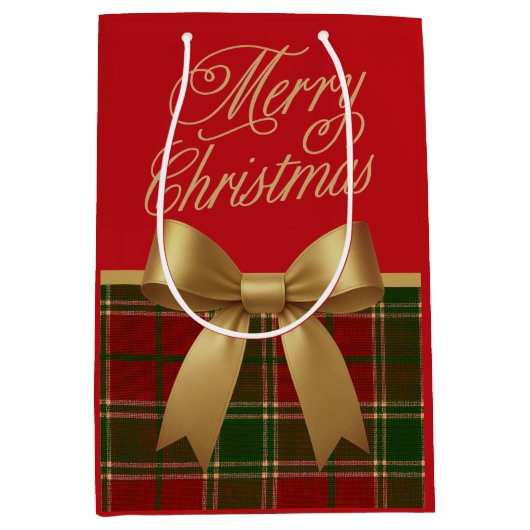 Elegant Christmas Plaid Gift Bag with Gold Bow Medium Cadeauzakje (Voorkant)