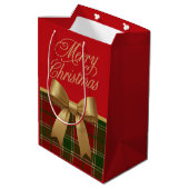 Elegant Christmas Plaid Gift Bag with Gold Bow Medium Cadeauzakje (Achterkant Gekanteld)